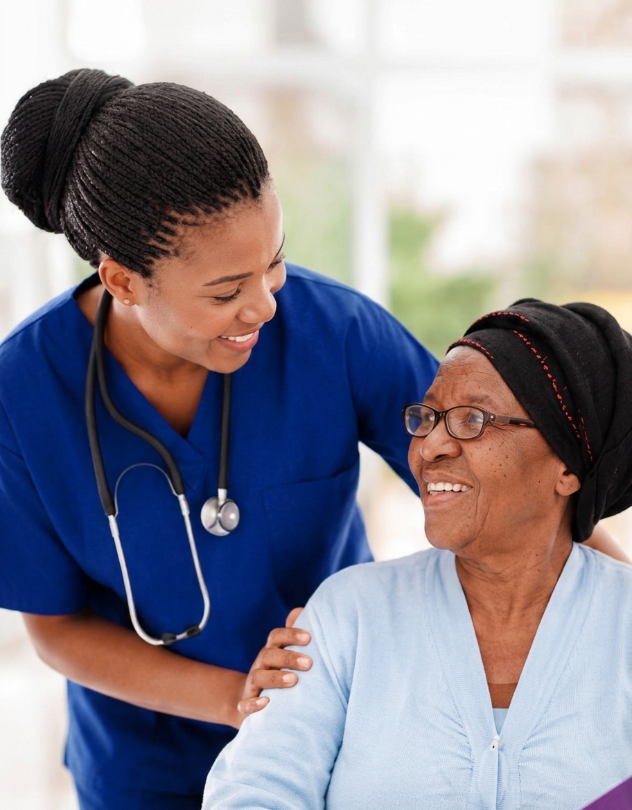 A KomfoCare nurse visiting an elderly patient at home